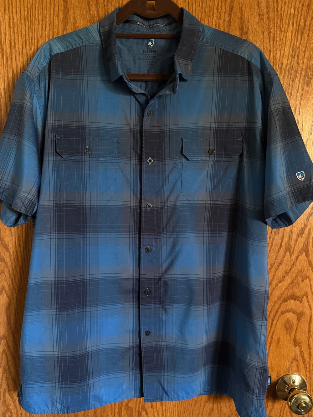 Kuhl Response Blue Plaid Hiking Shirt Short Sleeves 2 Pockets Men's Size XL